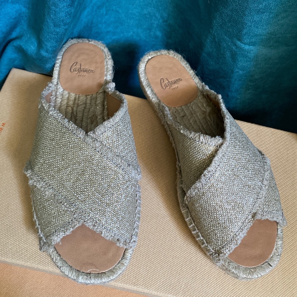 Castaner Womens Palmera Gold Canvas Slides Flat Espadrilles Shoes NIB
